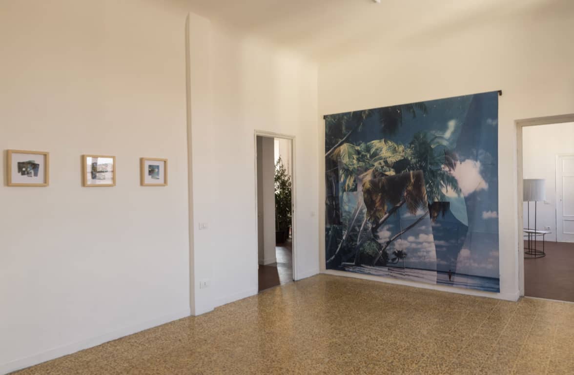 Exotic Memories, installation, print on pvc 261 x 256 cm, collages on paper 25 x 25 cm, 2019
